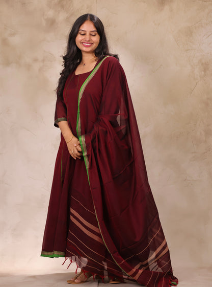 Maroon Narayanpet Cotton Anarkali Dress with Narayanpet Dupatta | Looms & Tassels