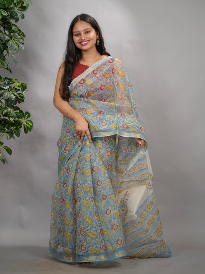 Powder Blue Pure Kota Doria Saree with Bagru Handblock Prints