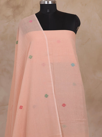 Peach Handwoven Jamdhani weaving pure Malai cotton 2 piece suit sets | Looms & Tassels