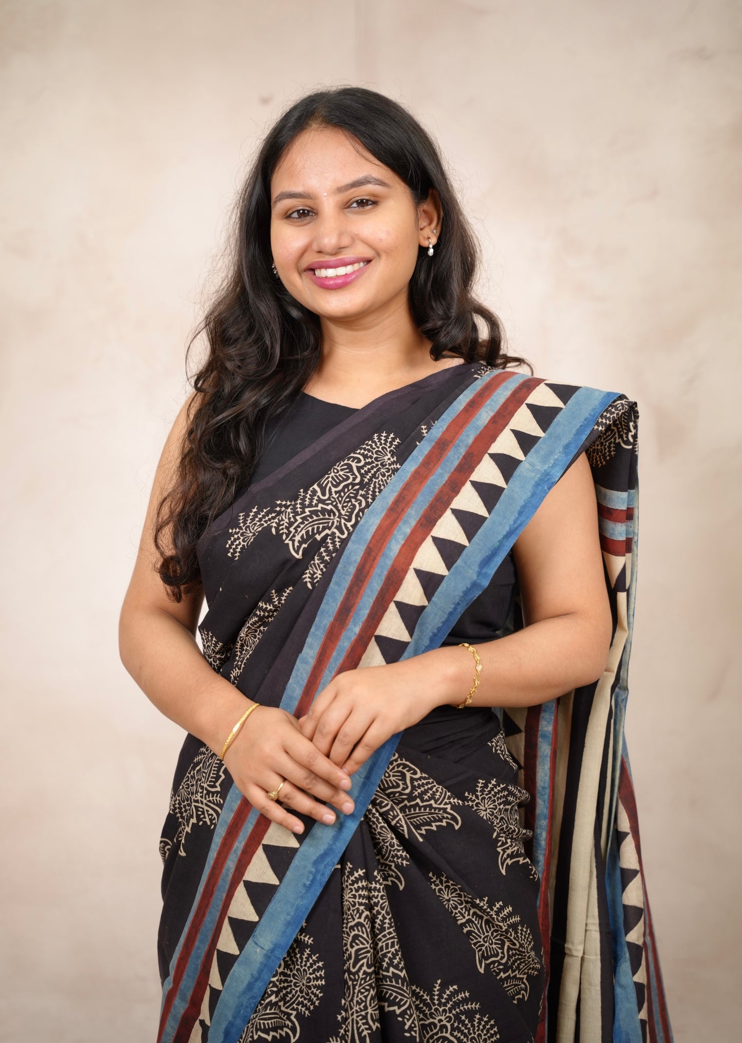 Black Ajrakh Hand Block Printed Cotton Saree | Looms & Tassels