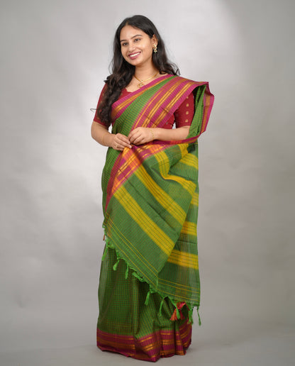 Parrot Green Checks Narayanpet Cotton Saree with Traditional contrast Border | Looms & Tassels