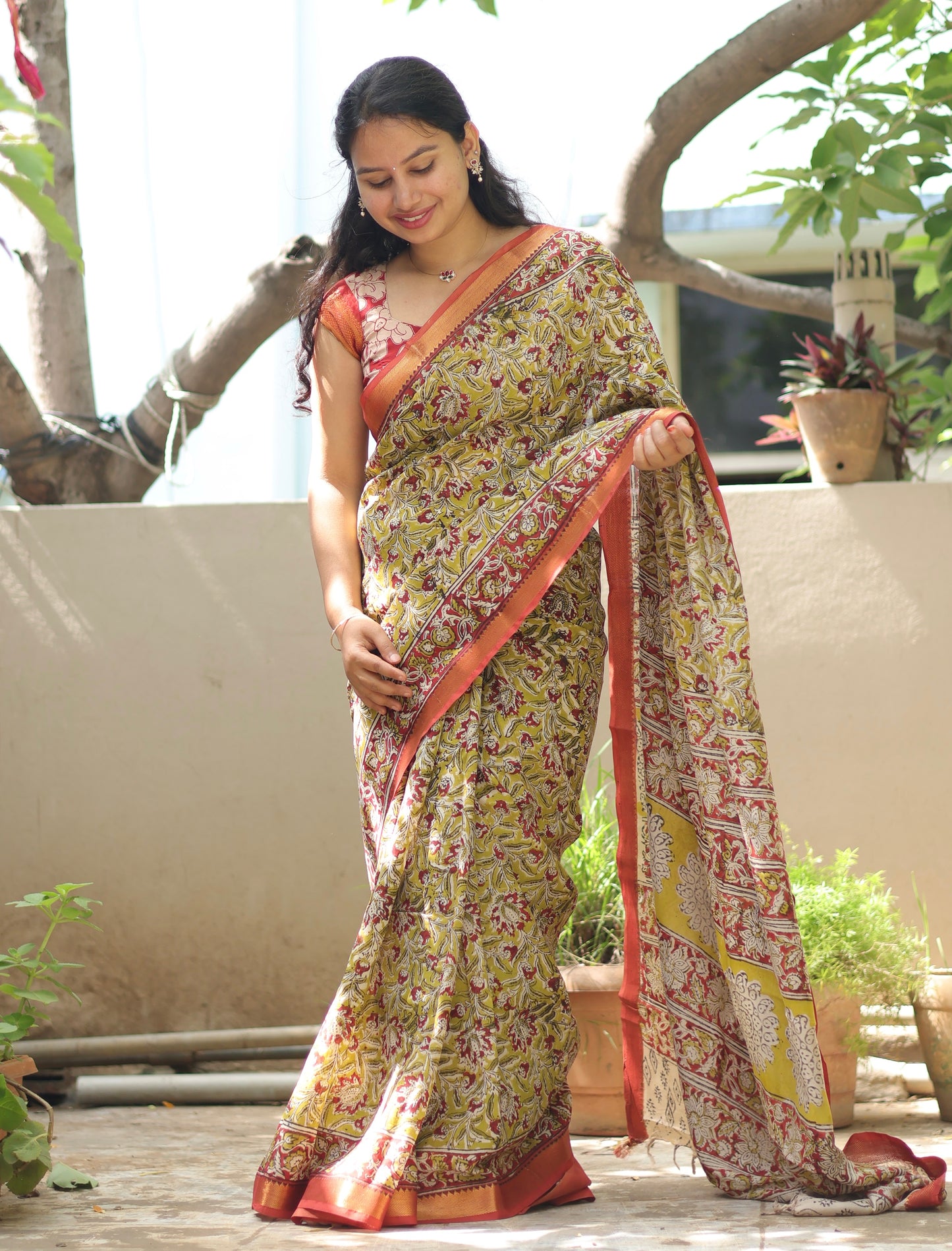 Mustard Hand Block Printed Kalamkari Nizam Border Silk Sare