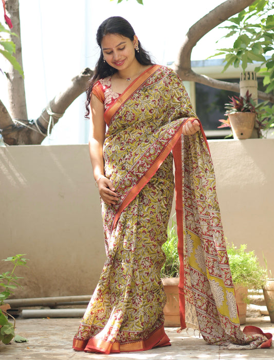 Mustard Hand Block Printed Kalamkari Nizam Border Silk Sare