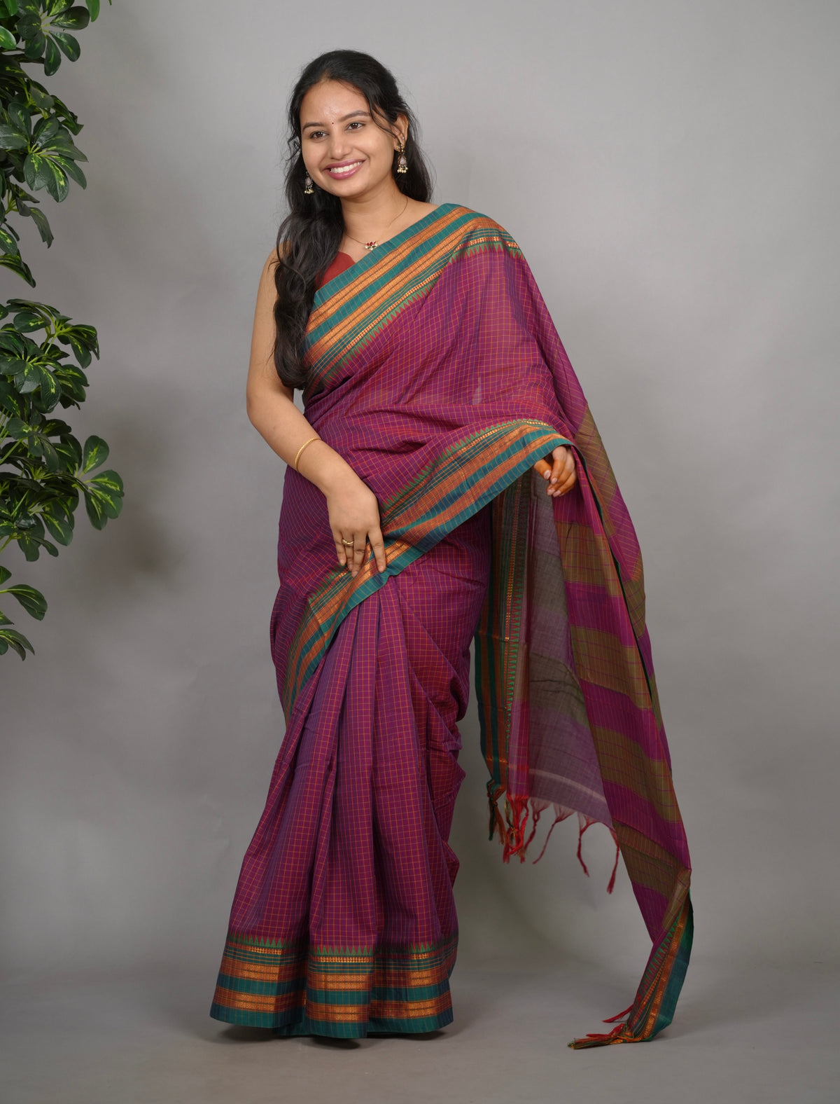 Magenta Checks Narayanpet Cotton Saree with Traditional contrast Border | Looms & Tassels