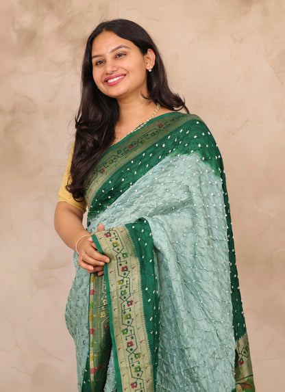Green & Peach Handcrafted Bandhani Paithani Dola Silk Saree | Looms & Tassels