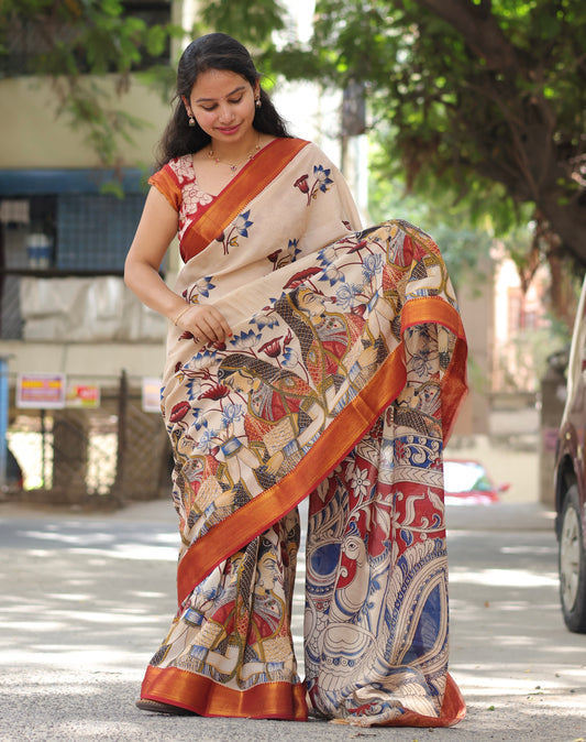 Cream Nizam Border Kalamkari Silk Saree