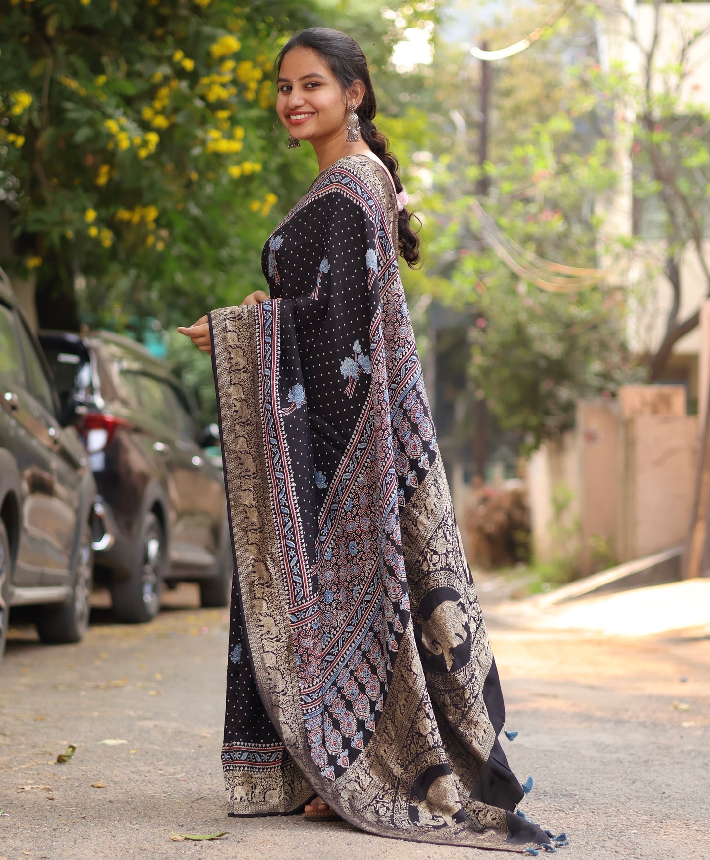 Black Ajrakh Dola Silk Saree