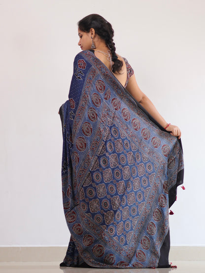 Blue Ajrakh Modal Silk Saree