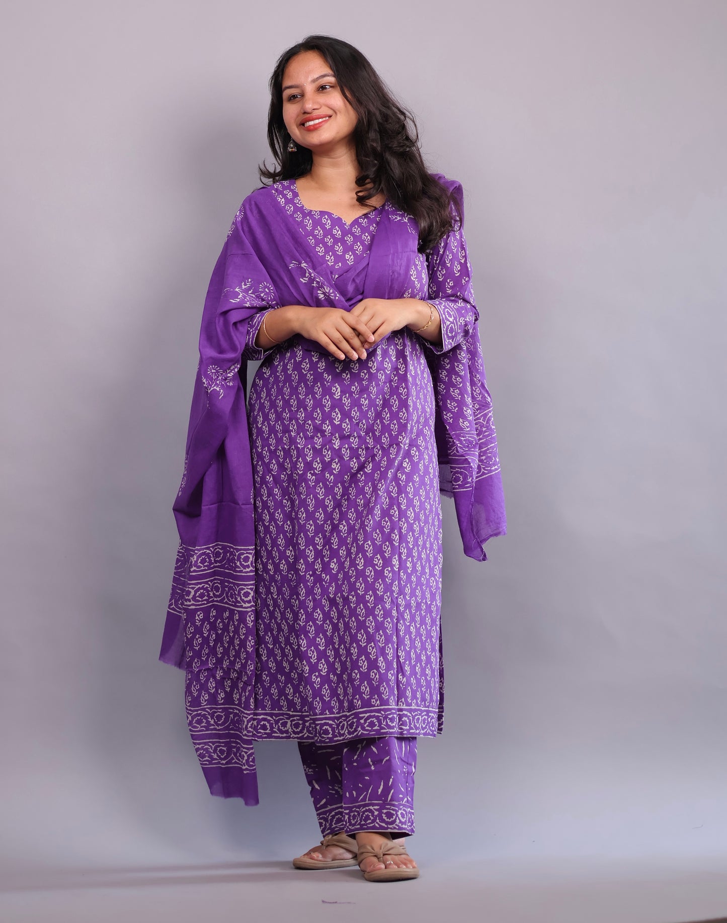 Purple Handblock printed Pure Mul Cotton with Mul Cotton Duppata 3 piece suit (stitched)