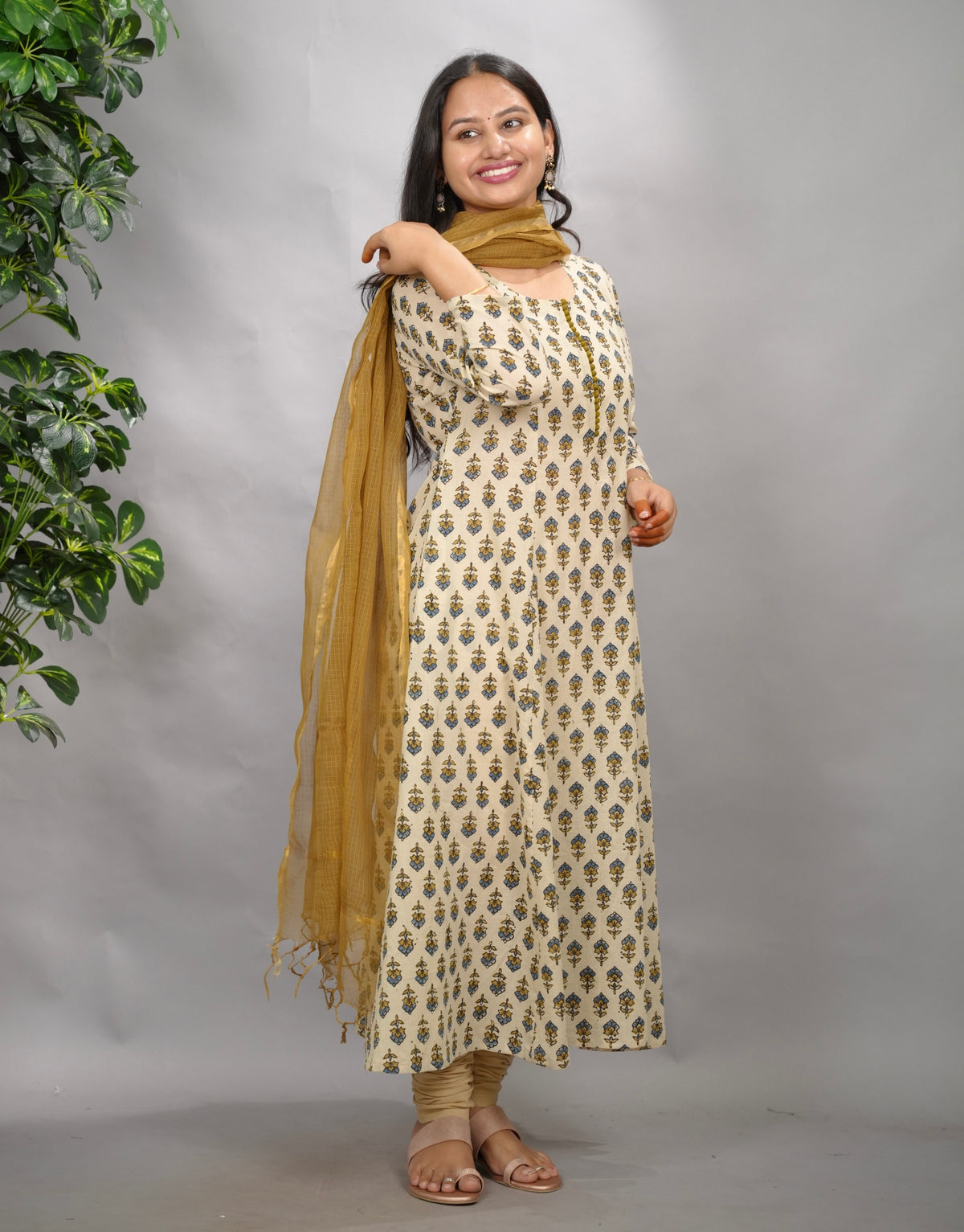 Cream Ajrakh Cotton Kali Kurta | Looms & Tassels