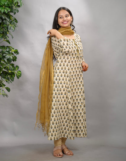 Cream Ajrakh Cotton Kali Kurta | Looms & Tassels