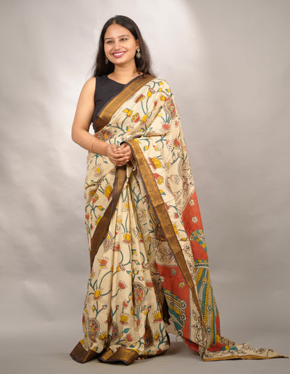 Cream Kalamkari Nizam Border Chennur Silk Saree | Looms & Tassels