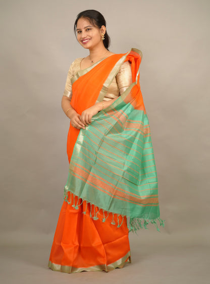 Orange Handloom Mangalagiri Silk Saree| Looms & Tassels