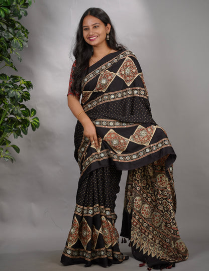 Black Ajrakh Modal Silk Hand Embroidery Saree  | Looms & Tassels