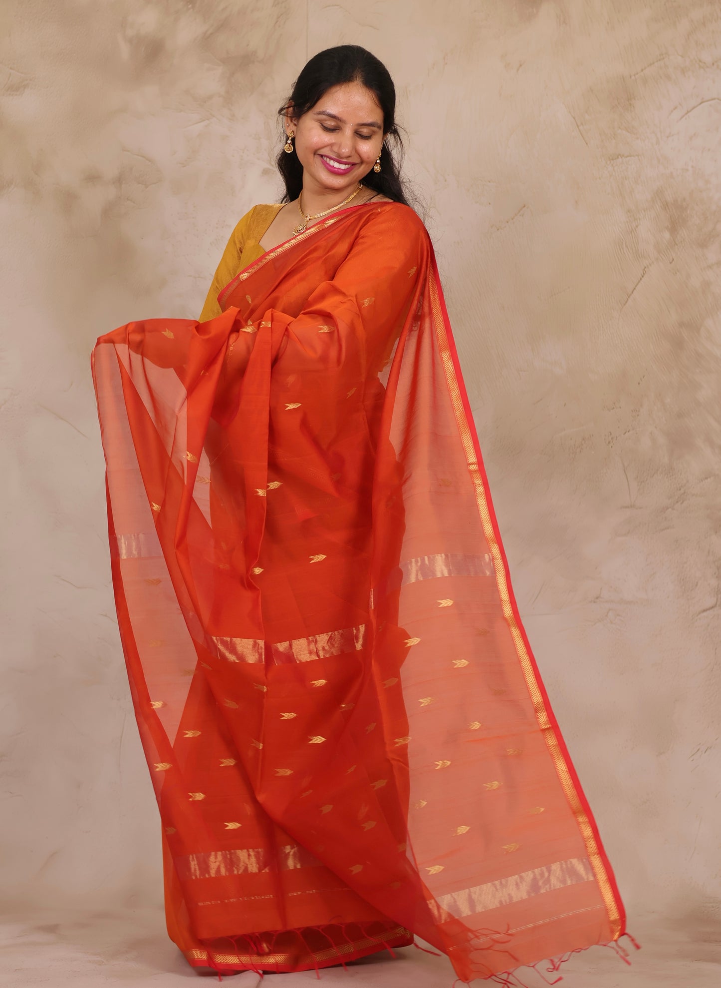 Orange Handloom Maheswari Silk Cotton Sarees | Looms & Tassels