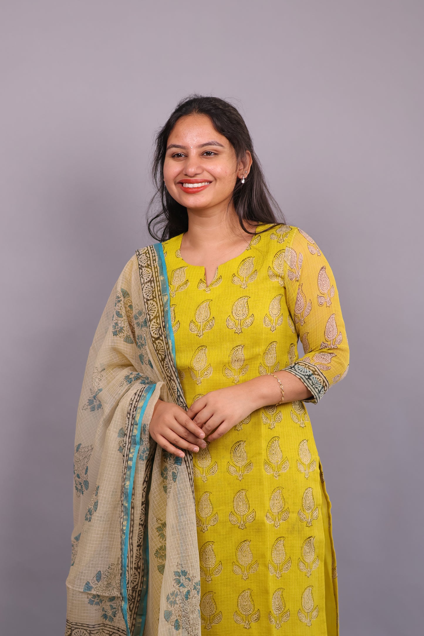 Yellow Handblock printed kota 3 piece suit (stitched)
