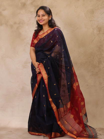 Dark Blue Handloom Maheswari Silk Cotton Sarees | Looms & Tassels