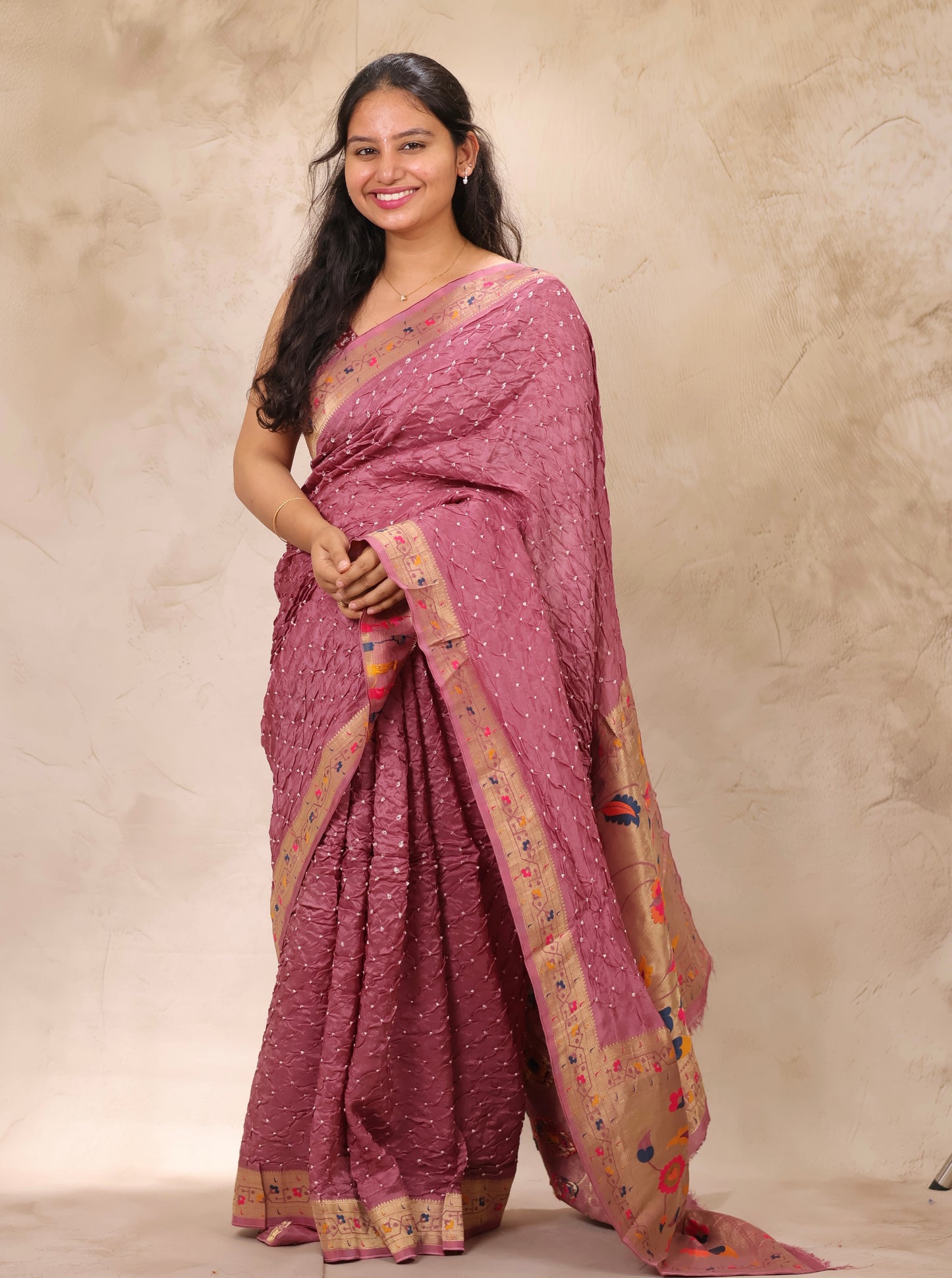 Onion Pink Handcrafted Bandhani Paithani Dola Silk Saree | Looms & Tassels