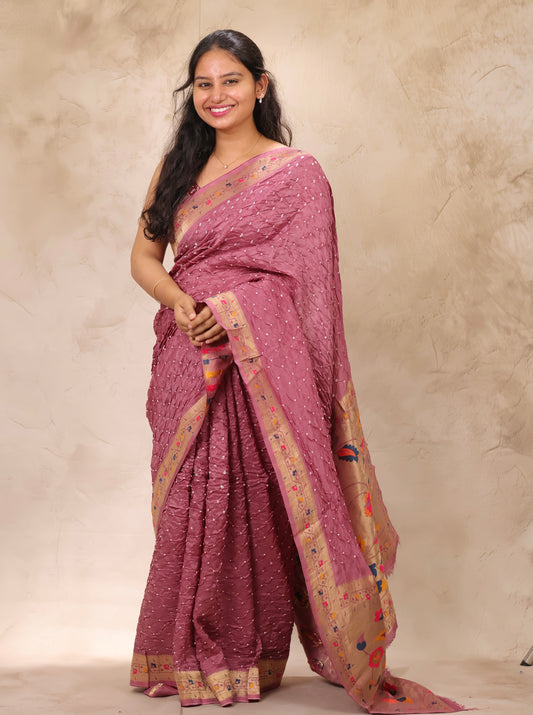 Onion Pink Handcrafted Bandhani Paithani Dola Silk Saree | Looms & Tassels