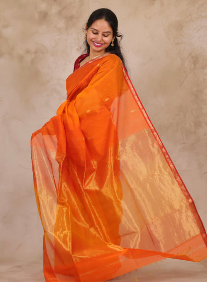 Orange Handloom Maheswari Silk Cotton Sarees | Looms & Tassels