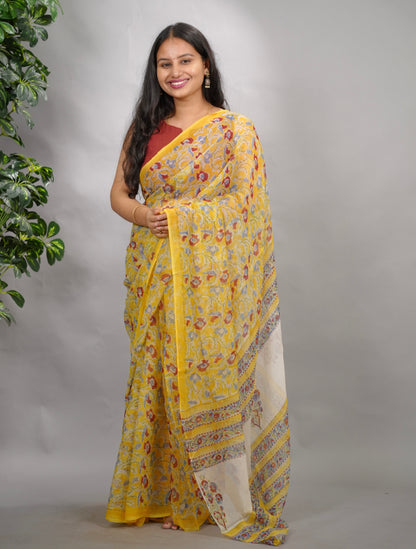 Yellow Chiffon Hand Block Printed Saree| Looms & Tassels