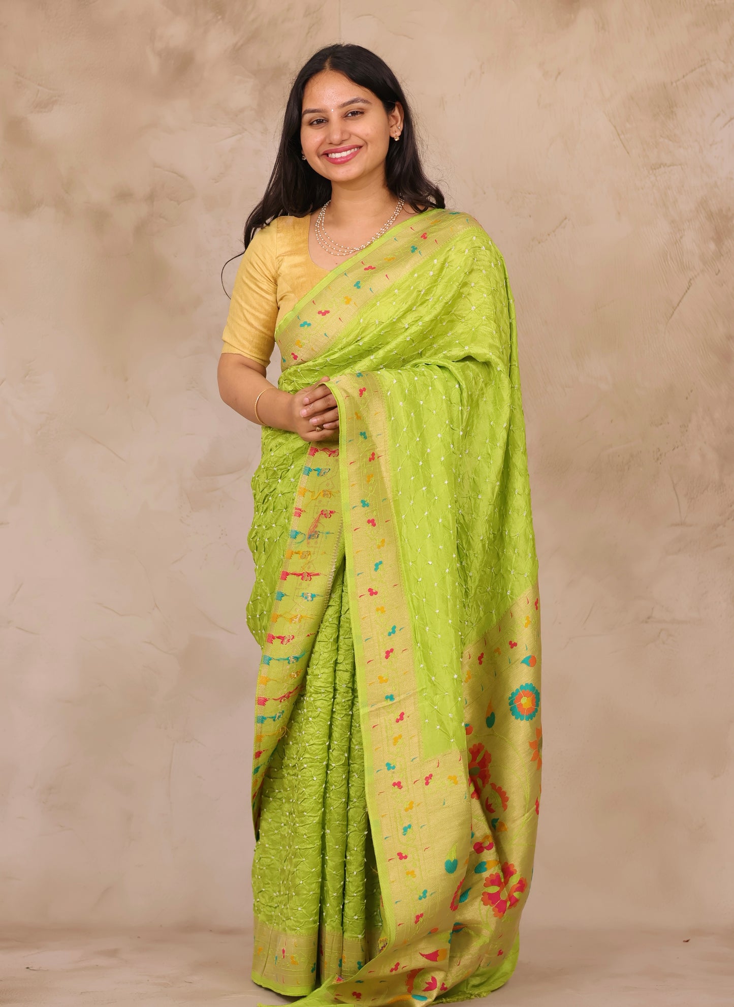 Pista Green Handcrafted Bandhani Paithani Dola Silk Saree | Looms & Tassels