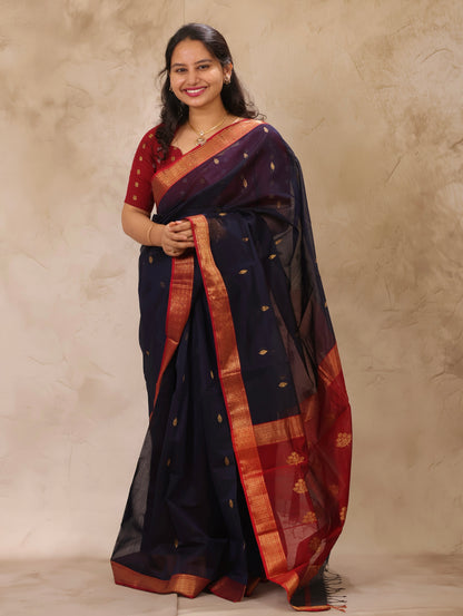 Dark Blue Handloom Maheswari Silk Cotton Sarees | Looms & Tassels