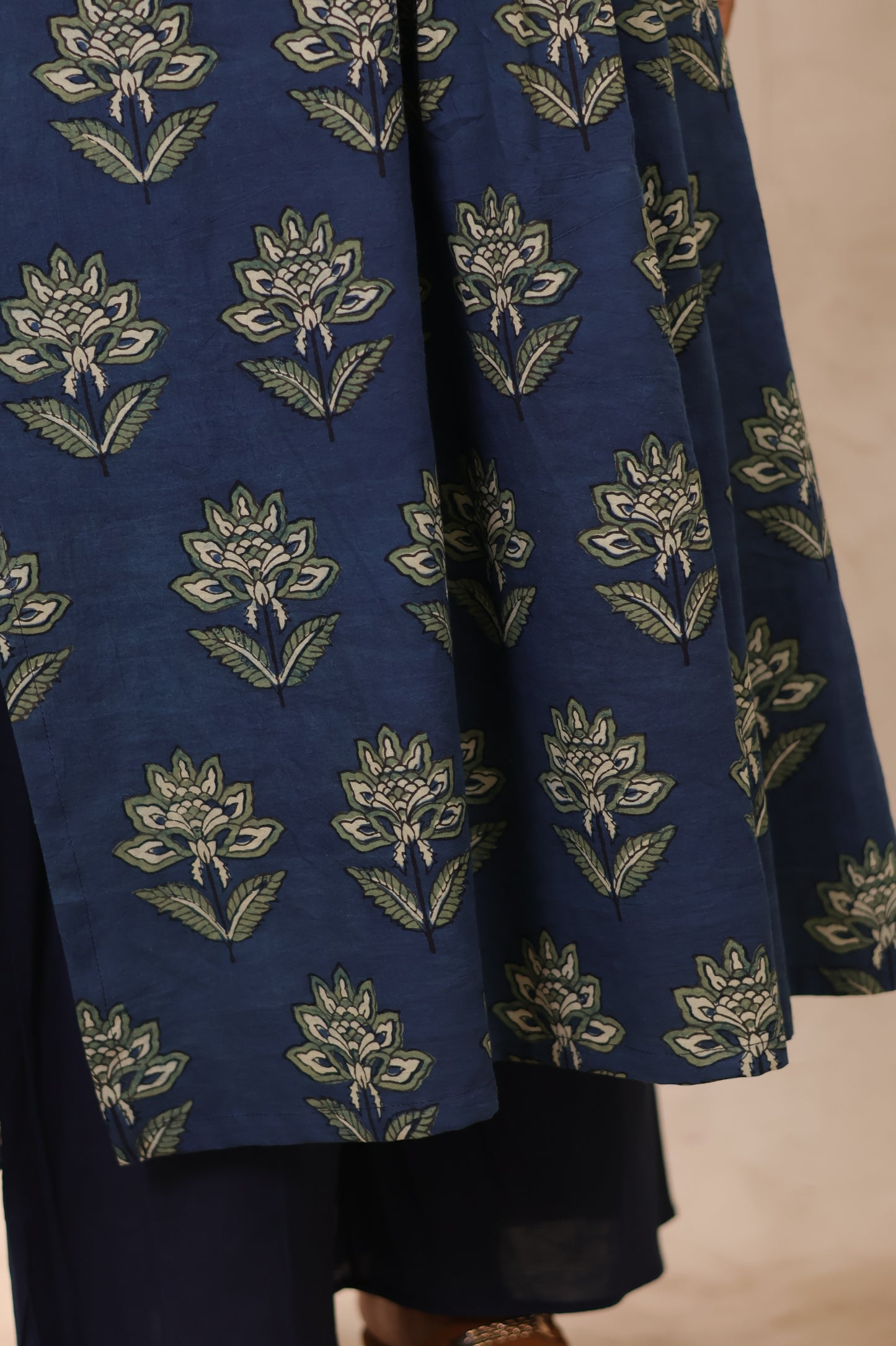 Indigo Pure Mul Cotton Ajrakh Patchwork Aline Kurta | Looms & Tassels