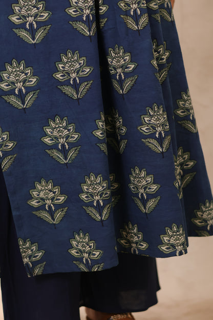Indigo Pure Mul Cotton Ajrakh Patchwork Aline Kurta | Looms & Tassels