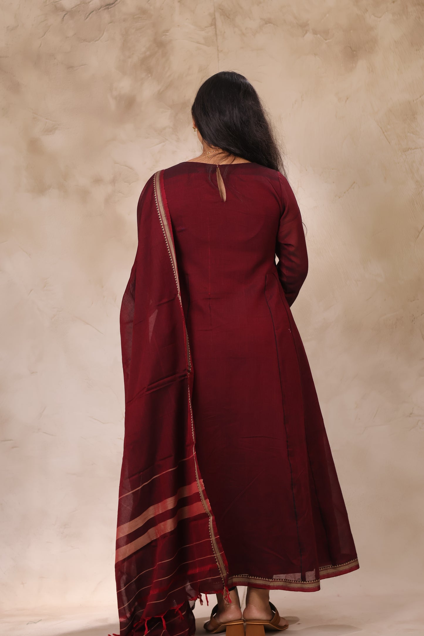 Maroon Narayanpet Cotton Kali Kurta with Narayanpet Dupatta | Looms & Tassels