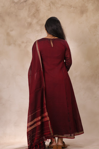 Maroon Narayanpet Cotton Kali Kurta with Narayanpet Dupatta | Looms & Tassels