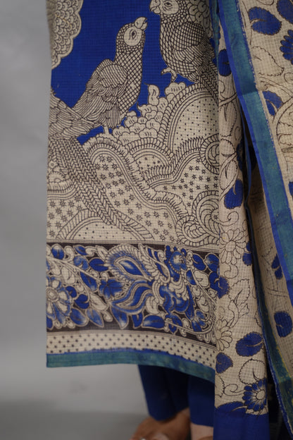 Blue Kalamkari Kota Cotton 3 piece suit (stitched) | Looms & Tassels