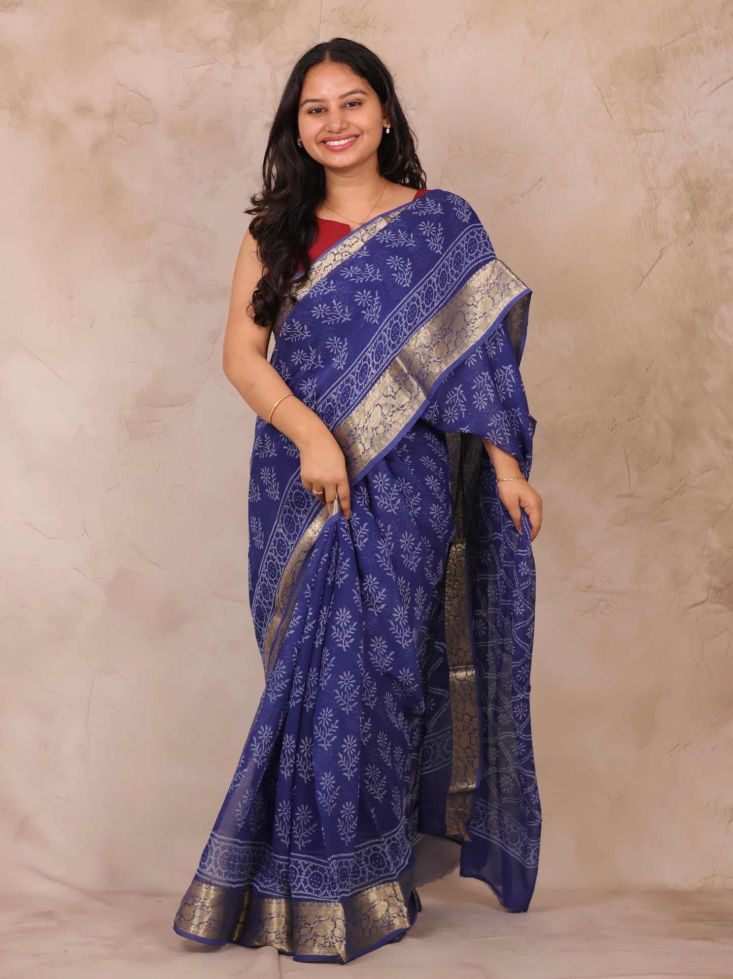 Blue Chiffon Hand Block Printed Saree with Jari Border | Looms & Tassels
