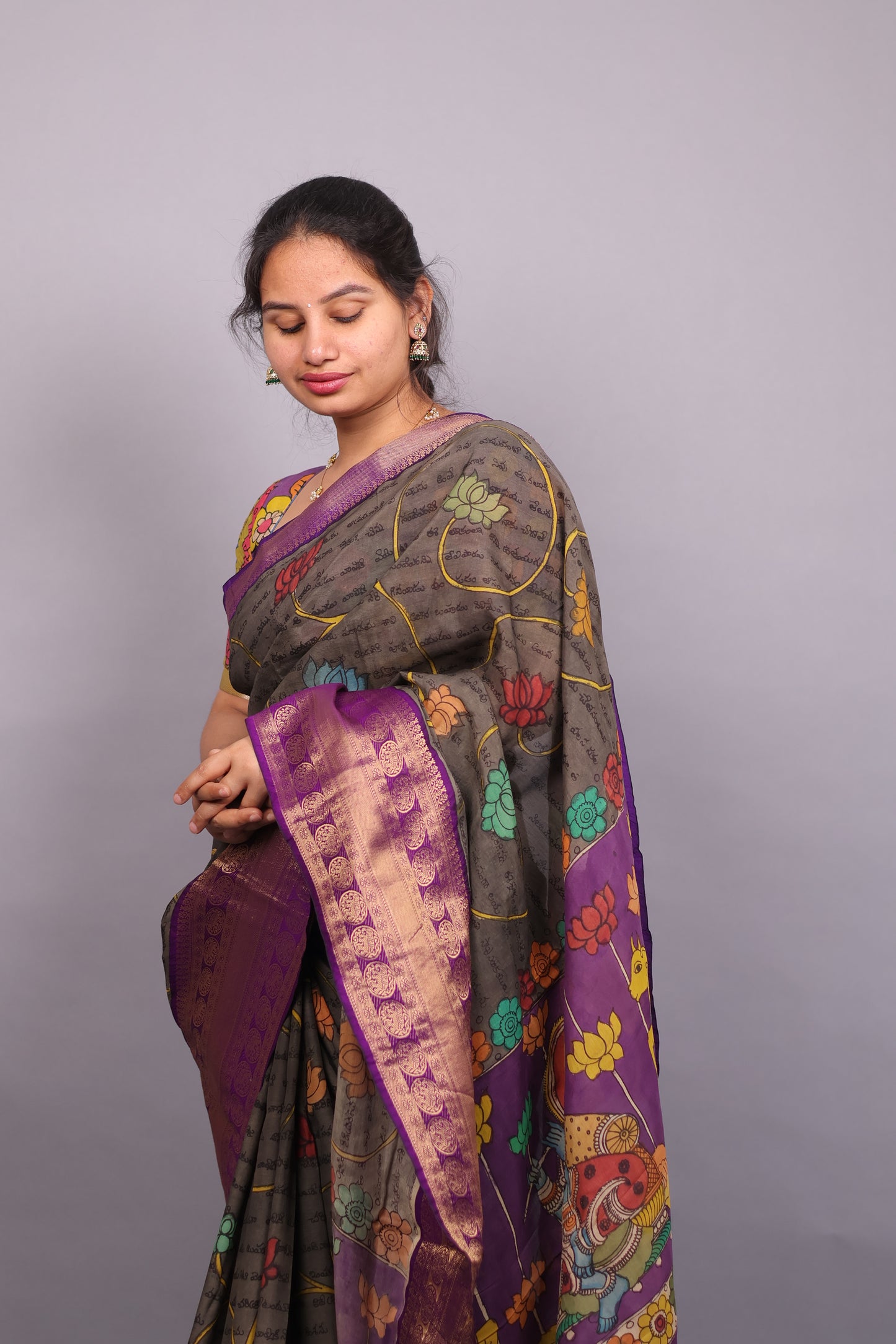 Grey Hand Painted Pen Kalamkari Silk Saree