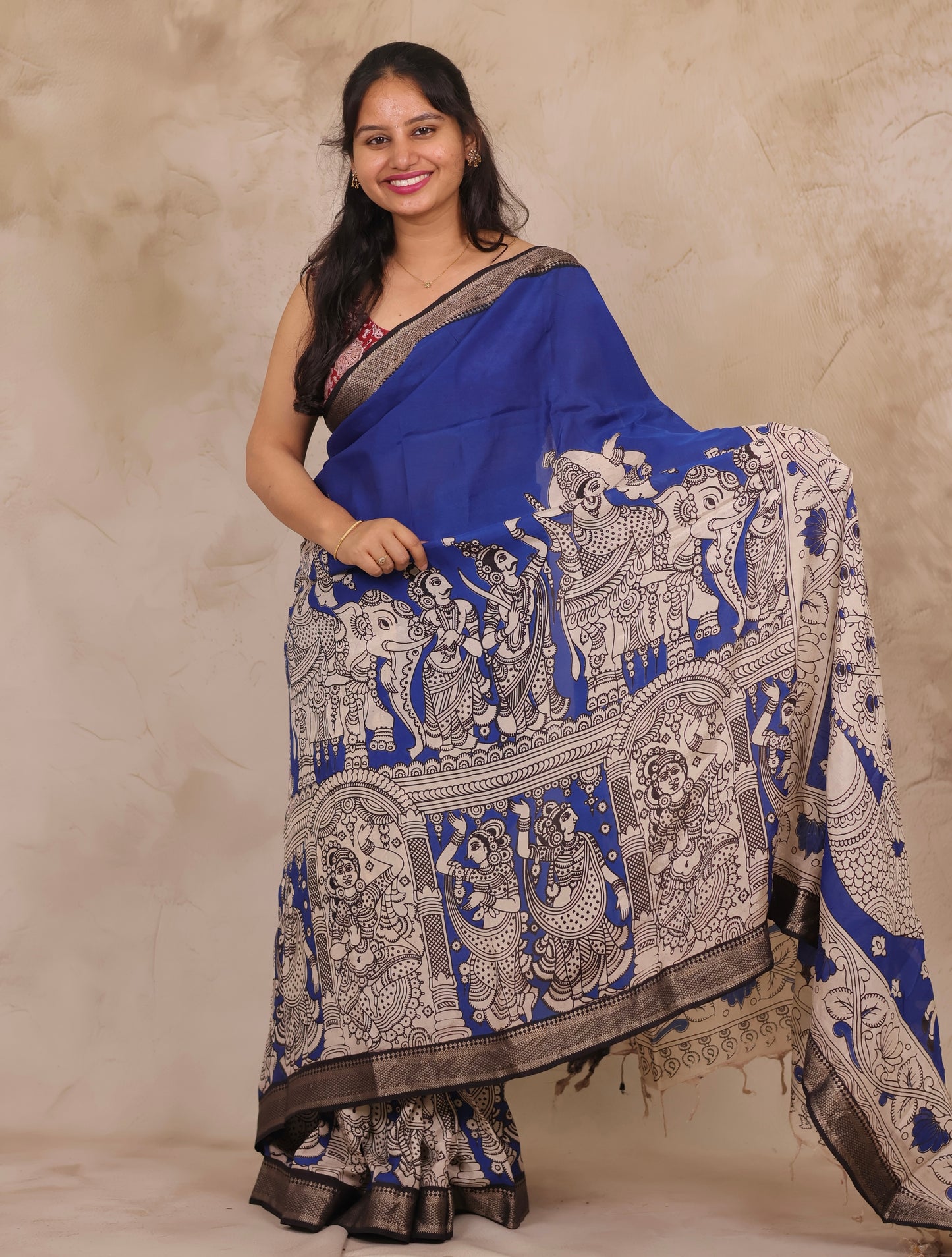 Ink Blue Story Telling Kalamkari Nizam Border Chennur Silk Saree | Looms & Tassels
