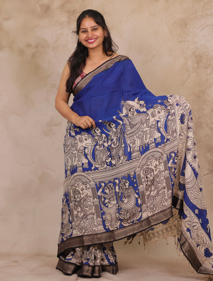 Ink Blue Story Telling Kalamkari Nizam Border Chennur Silk Saree | Looms & Tassels