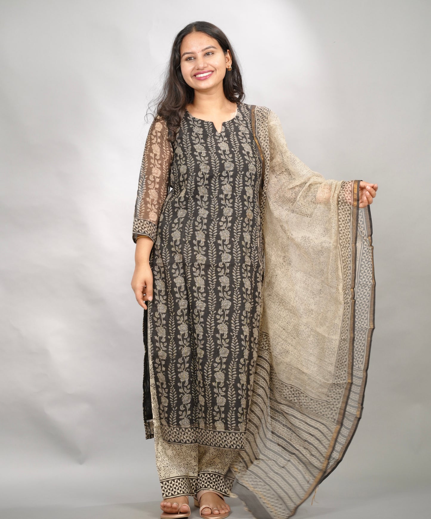 Black Handblock printed kota 3 piece suit (stitched)