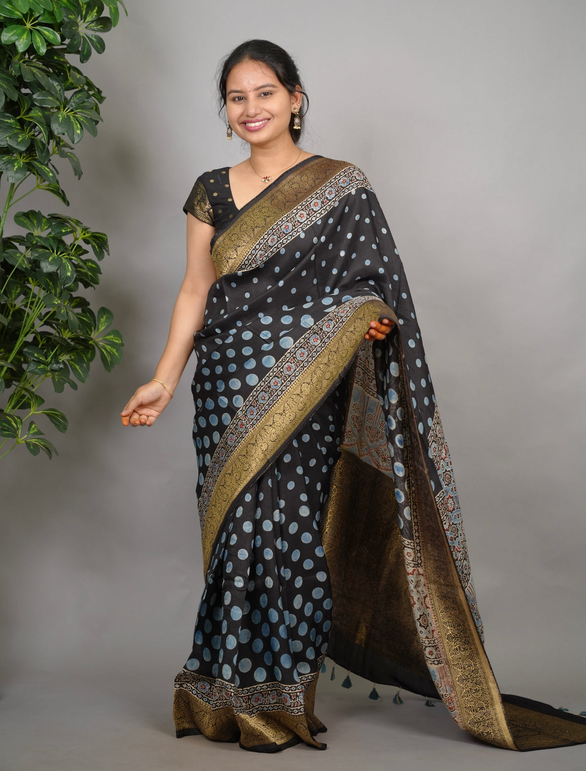 Ajrakh Dola Silk Saree - Black | Looms & Tassels