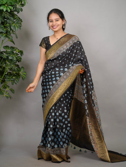 Ajrakh Dola Silk Saree - Black | Looms & Tassels