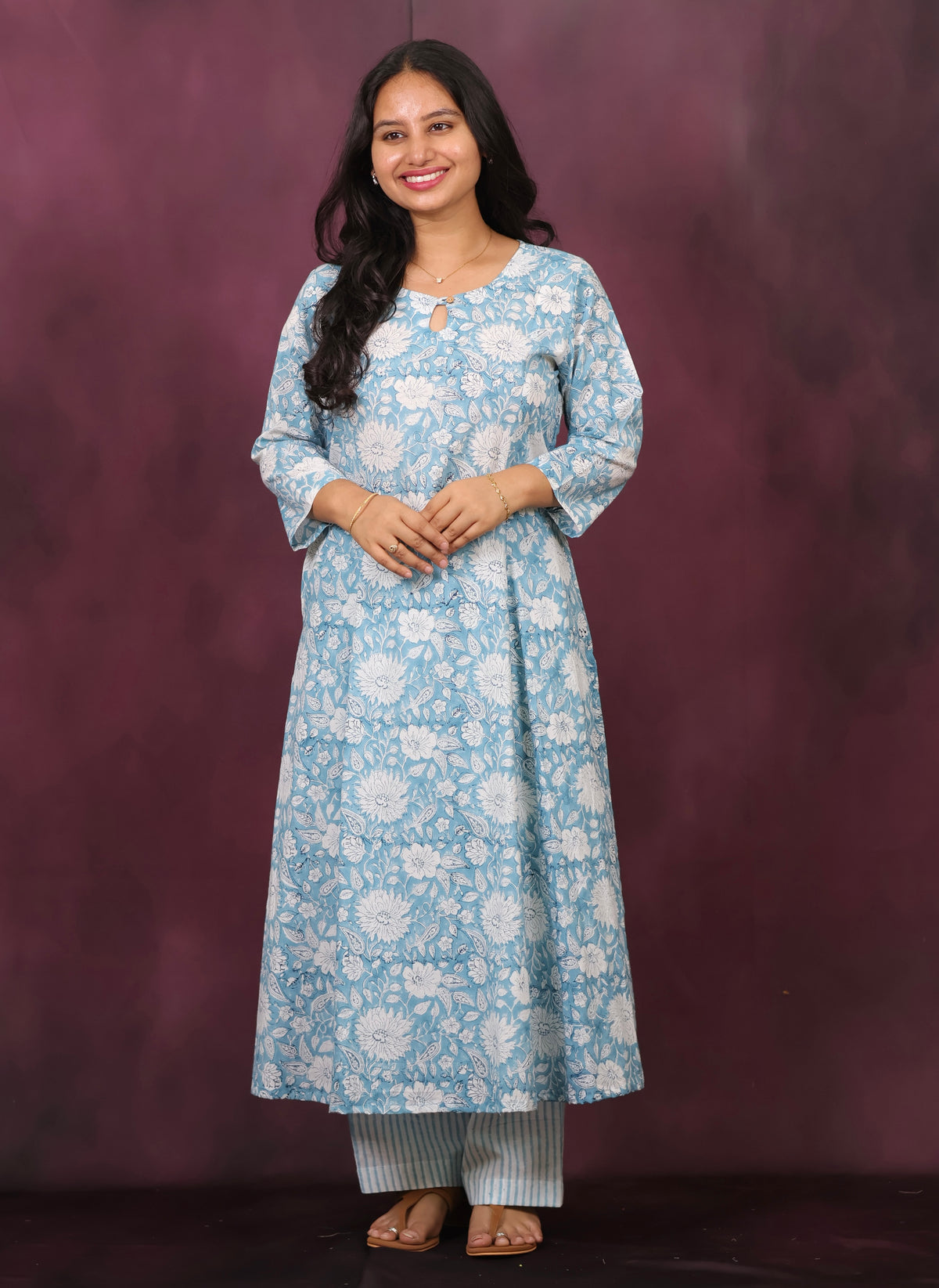 Powder Blue Pure Mul Cotton Aline Kurta Set (Set of 2) | Looms & Tassels