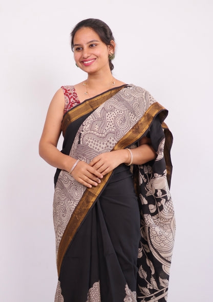 Black Nizam Border Kalamkari Silk Saree