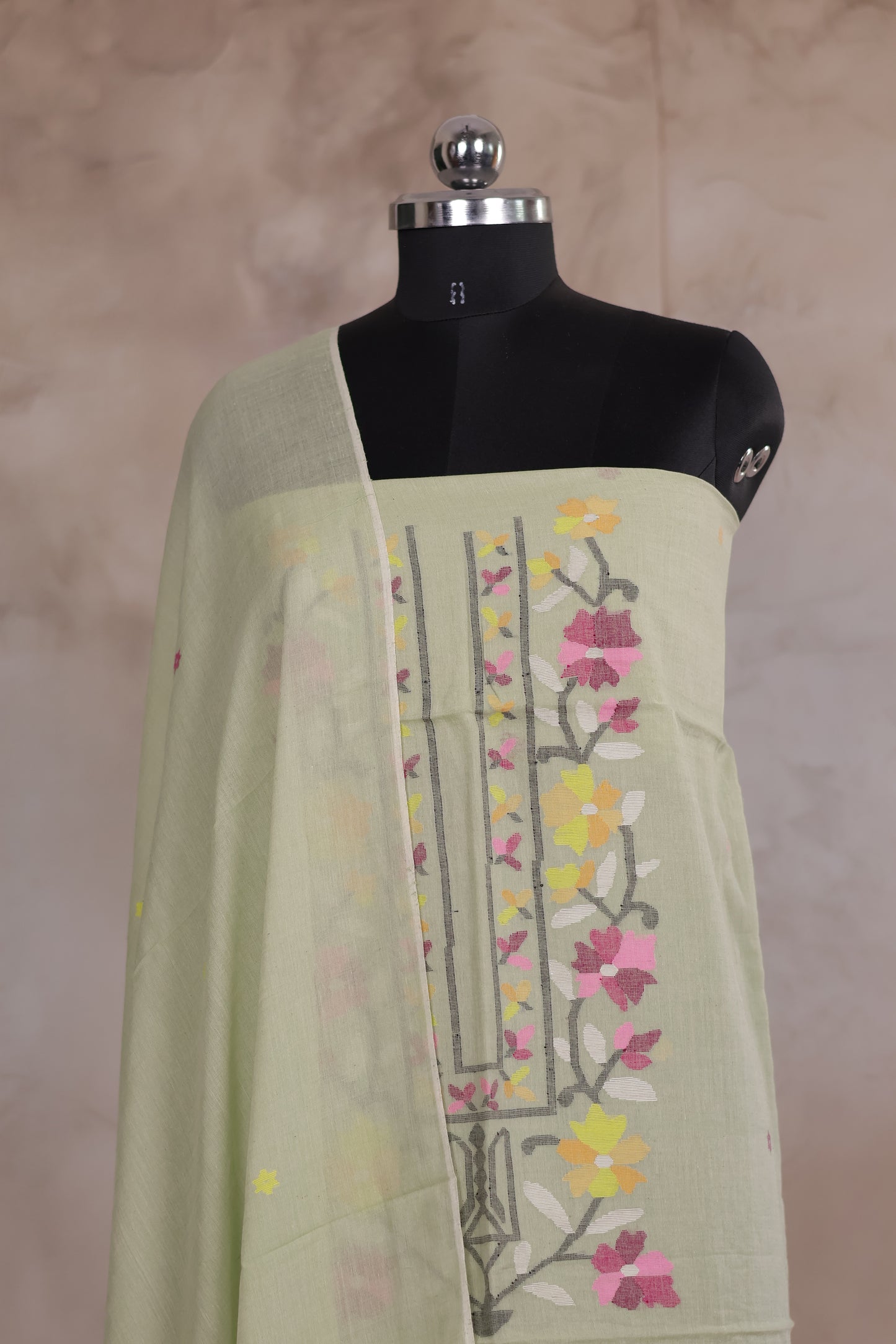 Pastel Green Handwoven Jamdhani weaving pure Malai cotton 2 piece suit sets | Looms & Tassels
