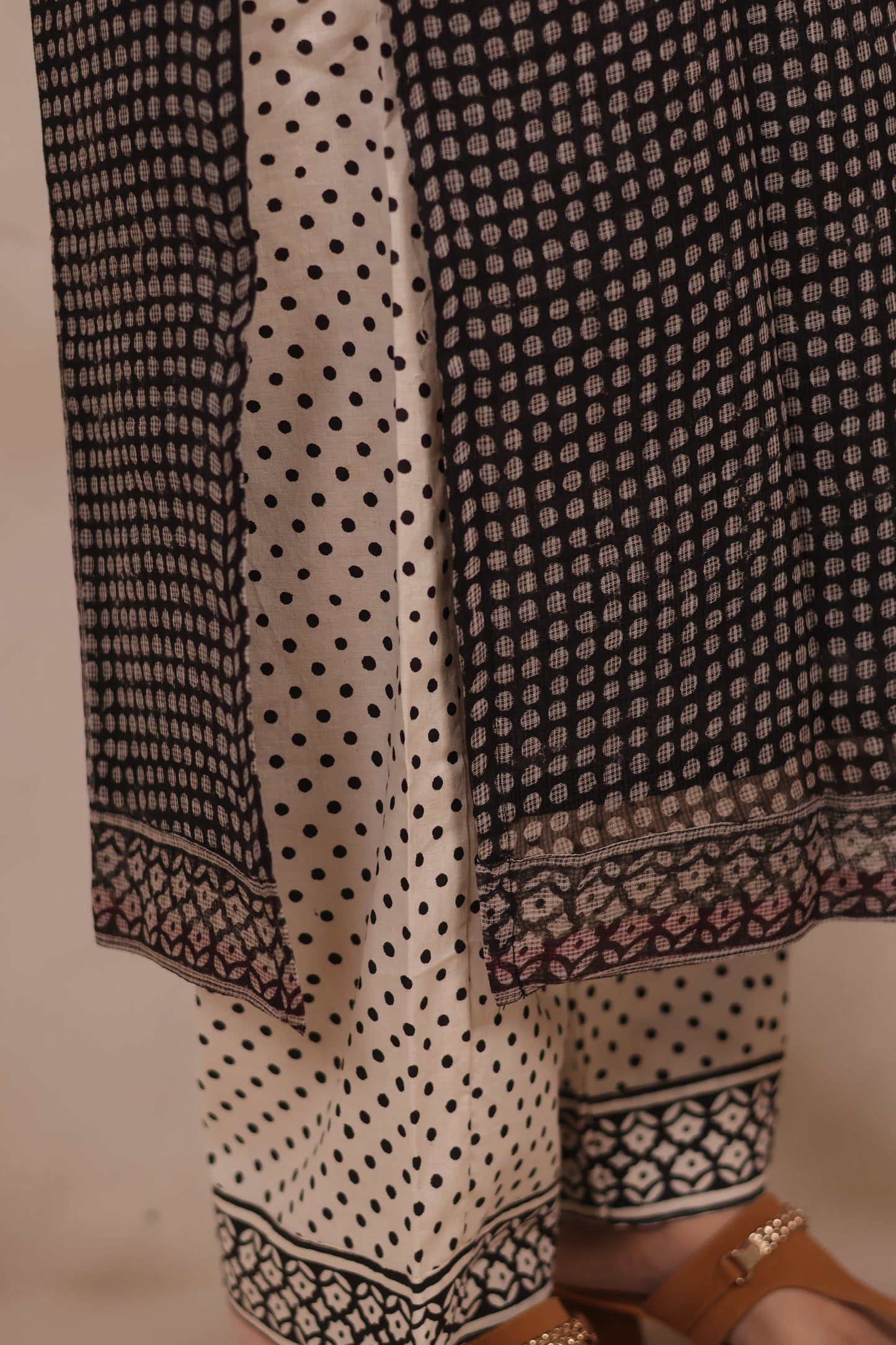 Black Polka Dots Handblock printed kota 3 piece suit (stitched)