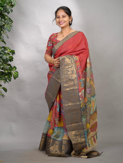 Pink Hand Drawn Pen Kalamkari Bangalore Silk Kanchi Border Saree | Looms & Tassels