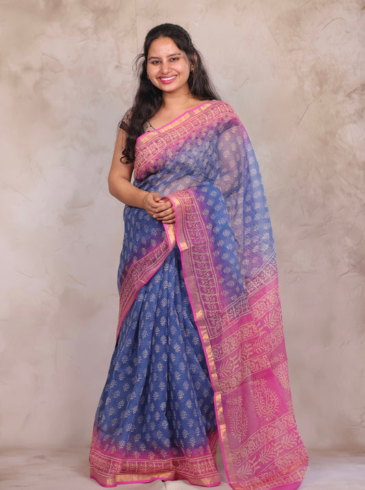 Blue And Rani pink Dual Shade Pure Kota Doria Saree with Bagru Handblock Prints | Looms & Tassels