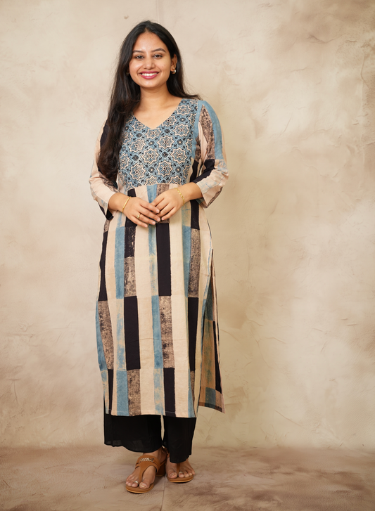 Contemporary Ajrakh Pattern Hand Block printed Kurti | Looms & Tassels