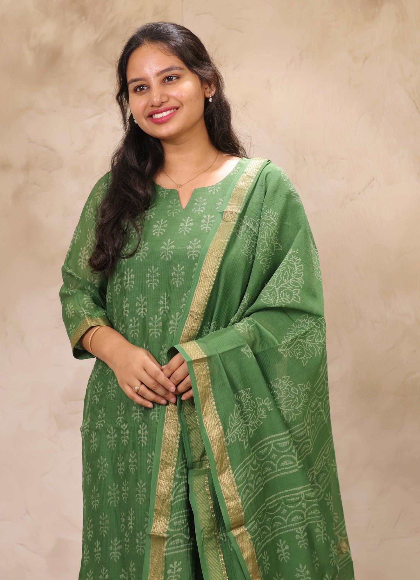 Green Handblock printed Pure Maheswari Silk 3 piece suit (stitched)