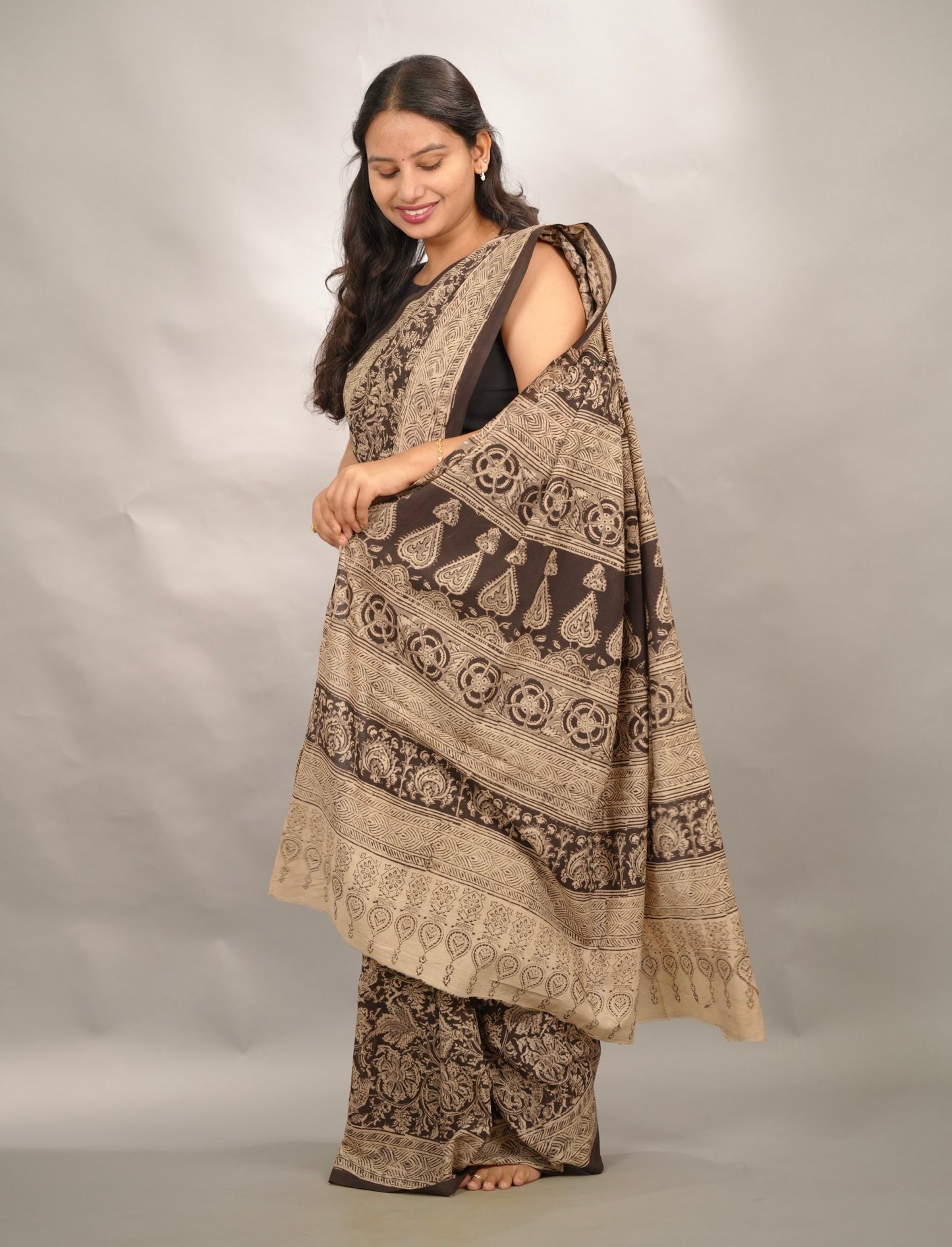 Black Hand Block Printed Kalamkari Cotton Saree | Looms & Tassels