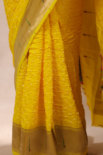 Yellow Handcrafted Bandhani Paithani Dola Silk Saree | Looms & Tassels