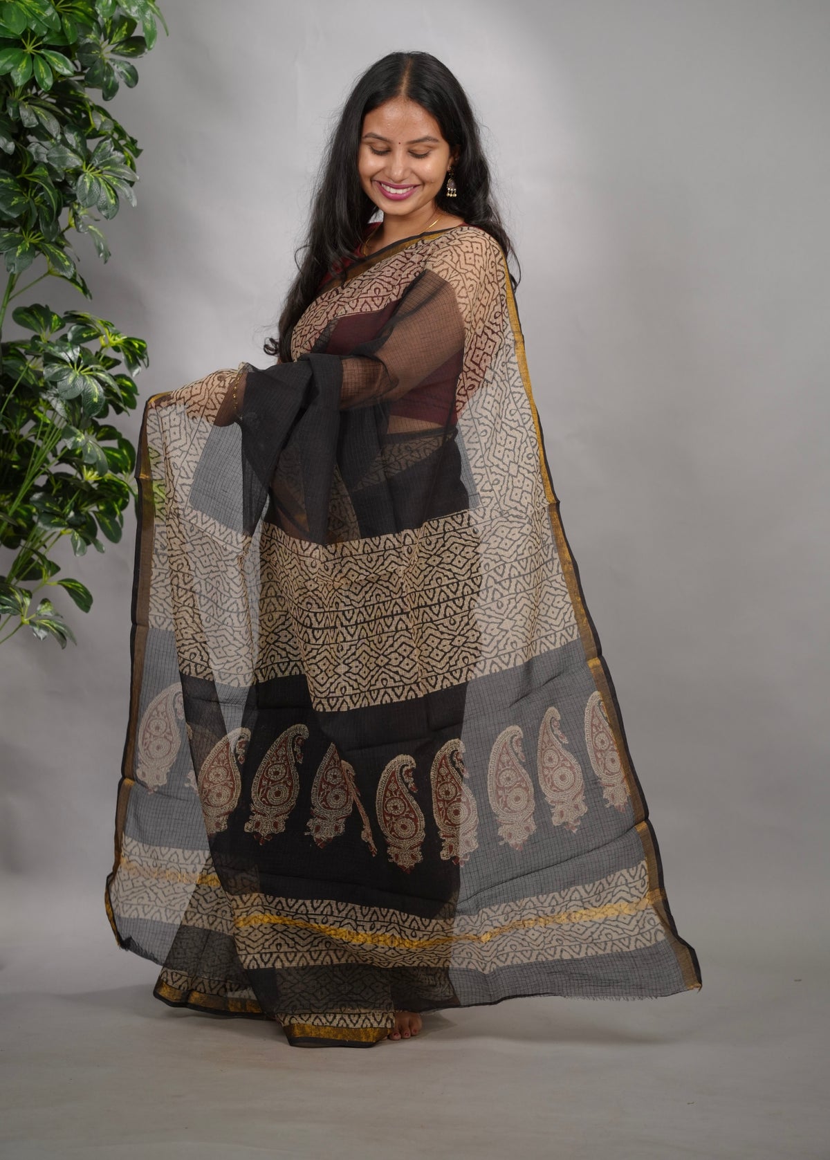Black Pure Kota Doria Saree with Bagru Handblock Prints